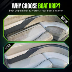 Boat Drip spray action on vinyl seat removing grime for quick restoration