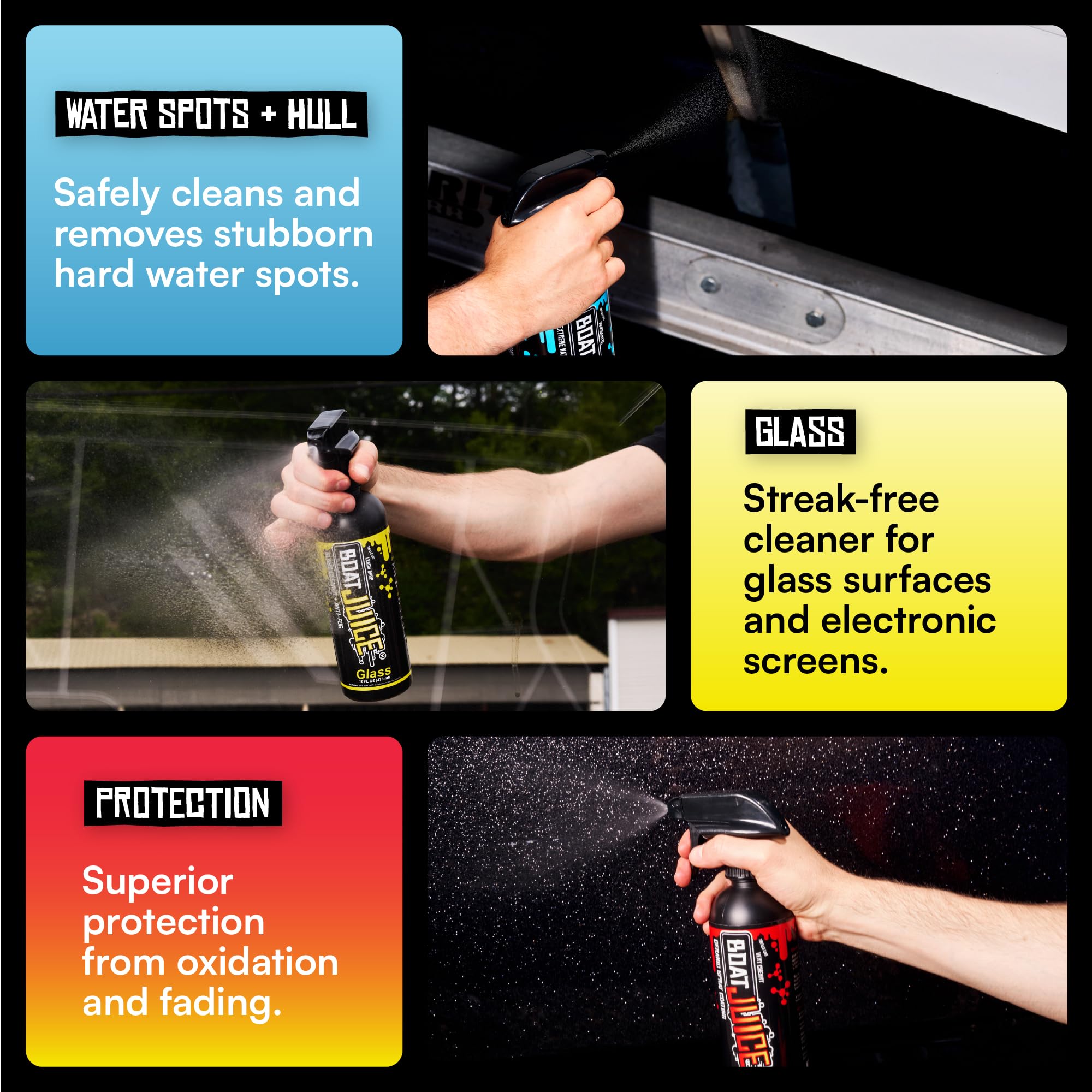 Boat Juice exterior spray used on damp hull to clean and deposit ceramic protection
