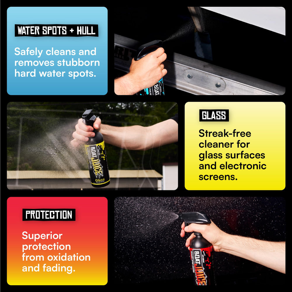 Boat Juice exterior spray used on damp hull to clean and deposit ceramic protection