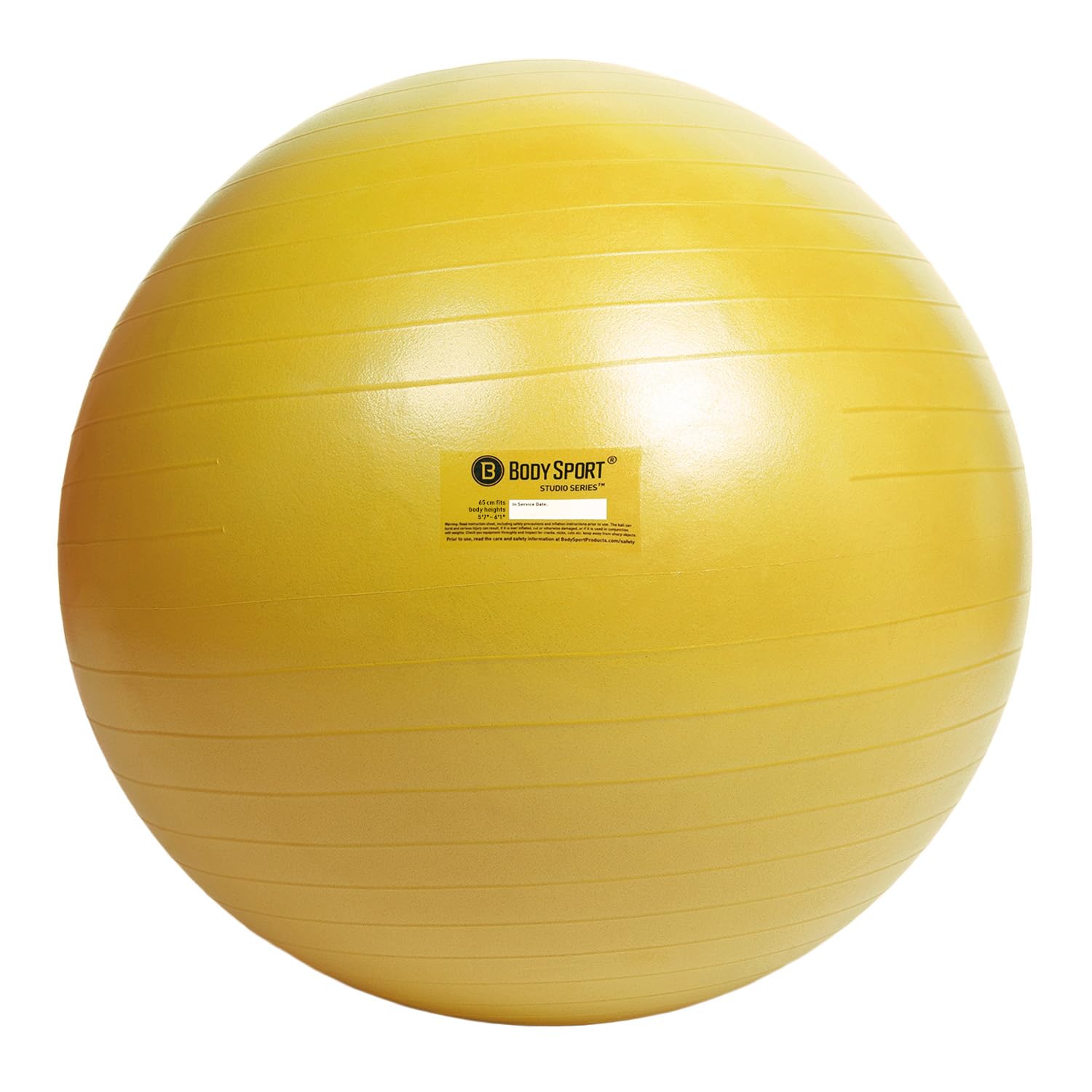 Body Sport front view of 65cm yellow exercise ball showing size and color benefit