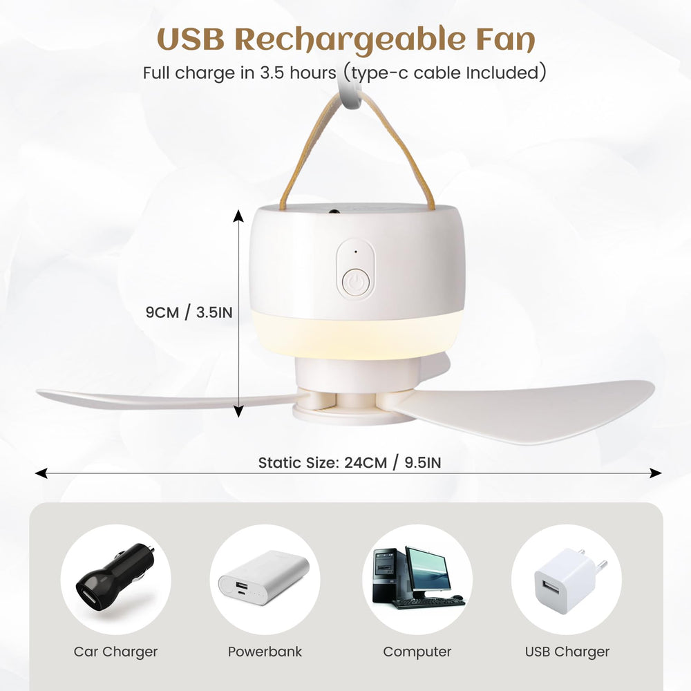 Boeetech fan mounted inside tent illustrating overhead cooling and space saving