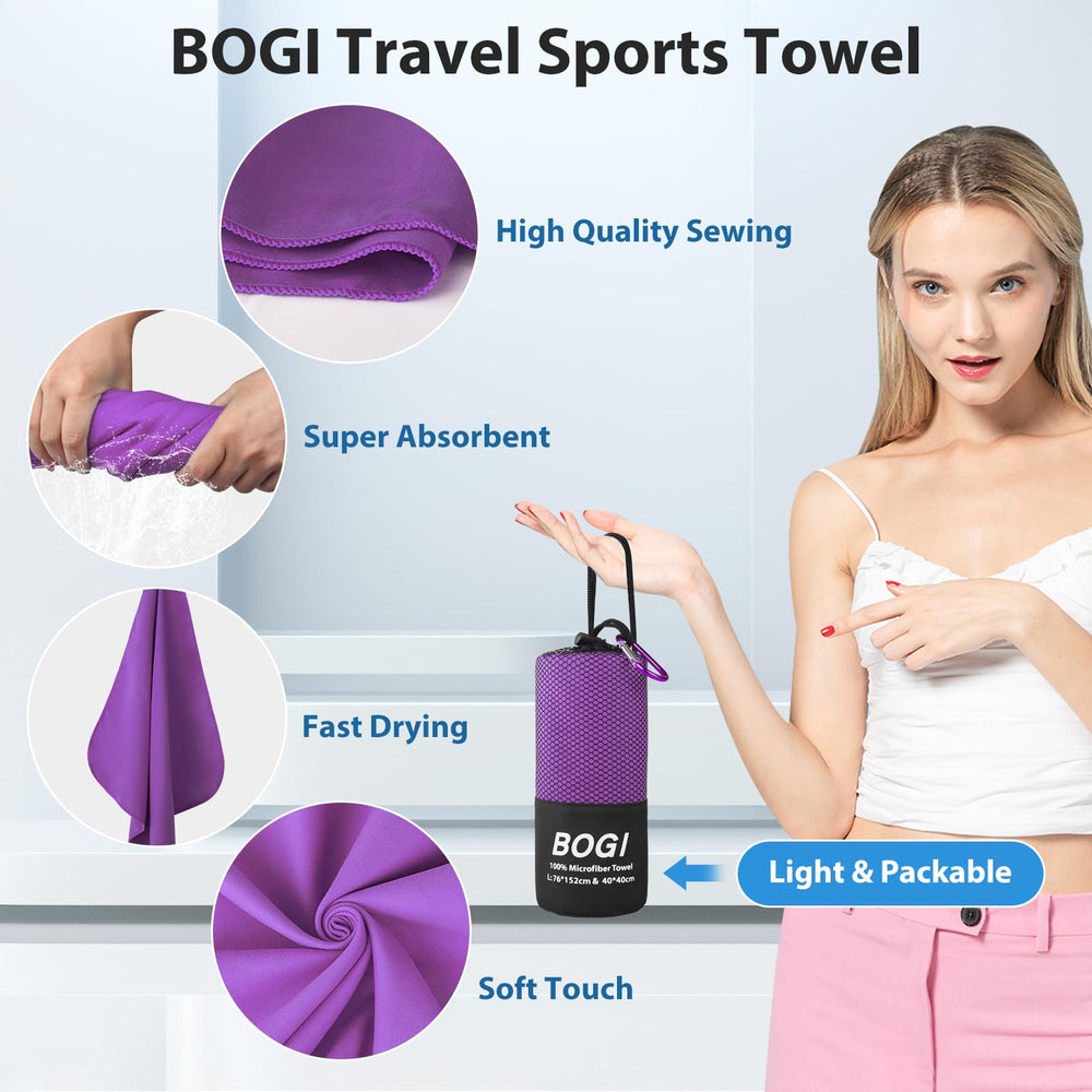 BOGI towel clipped with carabiner to backpack for hands-free carrying convenience