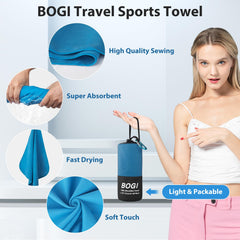 BOGI towel compressed in pouch with carabiner for easy transport benefit
