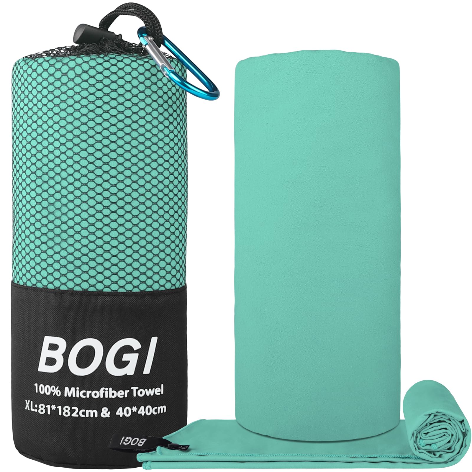 BOGI folded towel packed in pouch with carabiner for easy transport