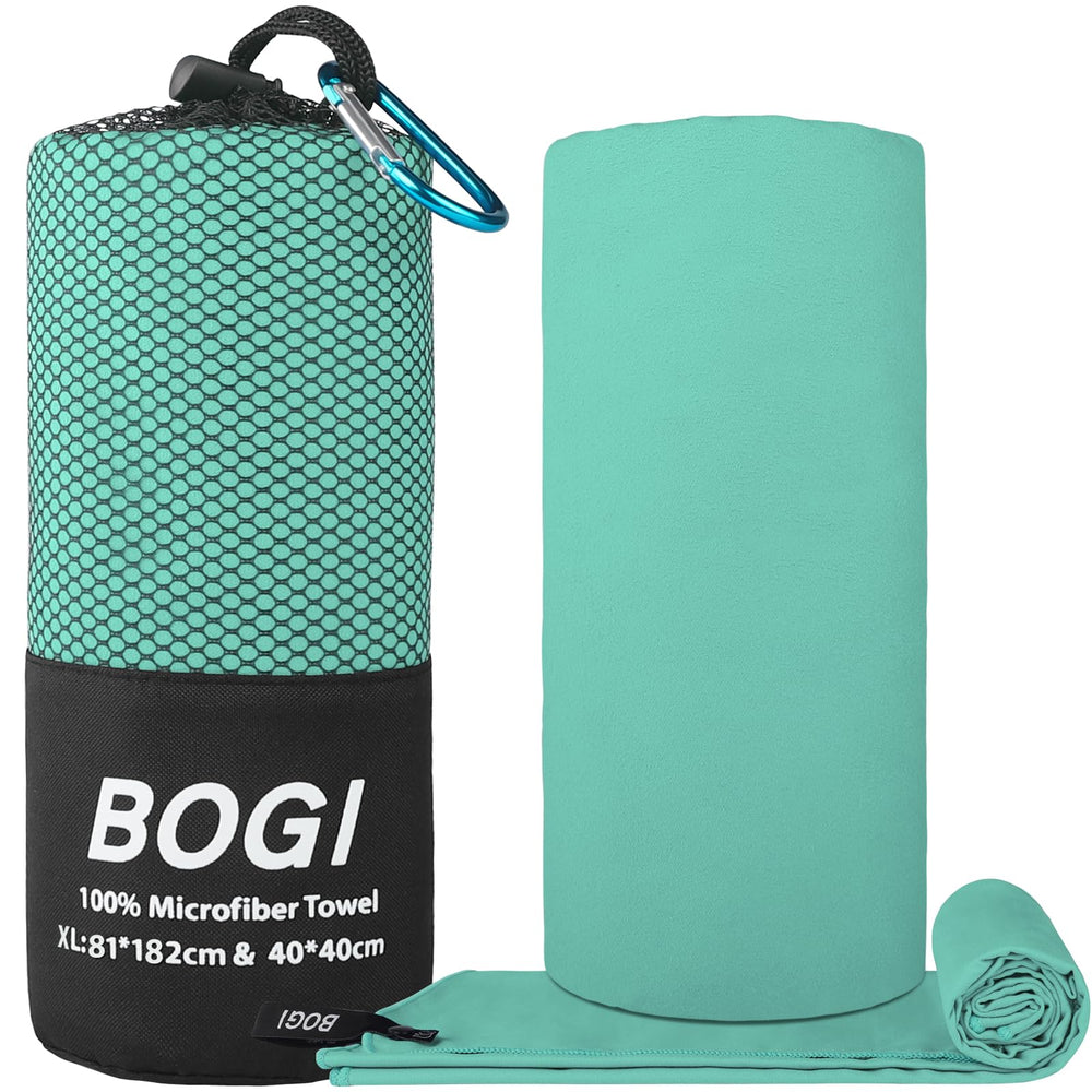BOGI folded towel packed in pouch with carabiner for easy transport