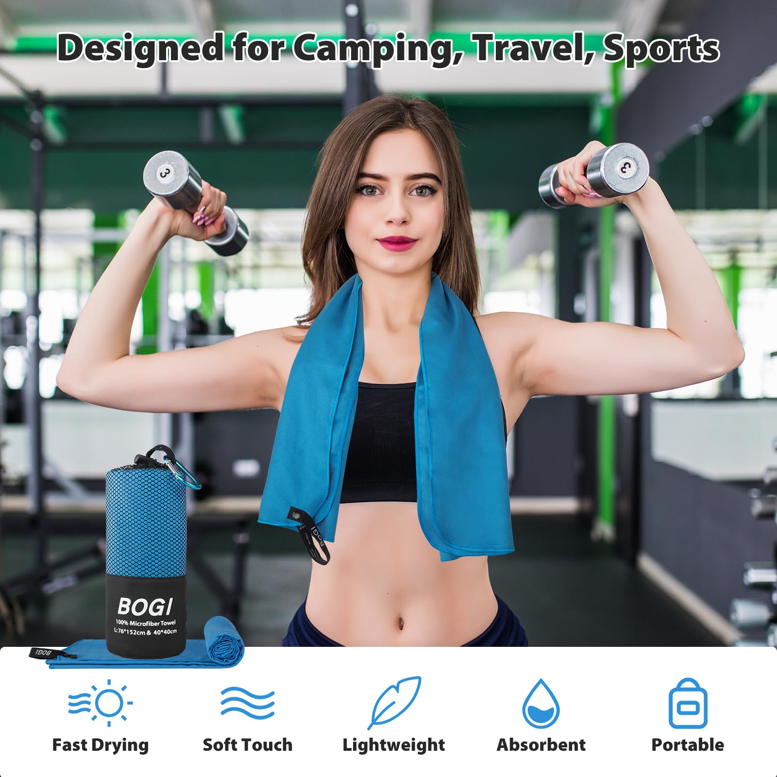 BOGI towel beside water bottle highlighting XL size and packability benefit