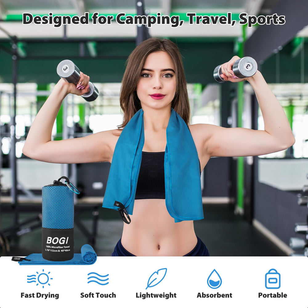 BOGI towel beside water bottle highlighting XL size and packability benefit