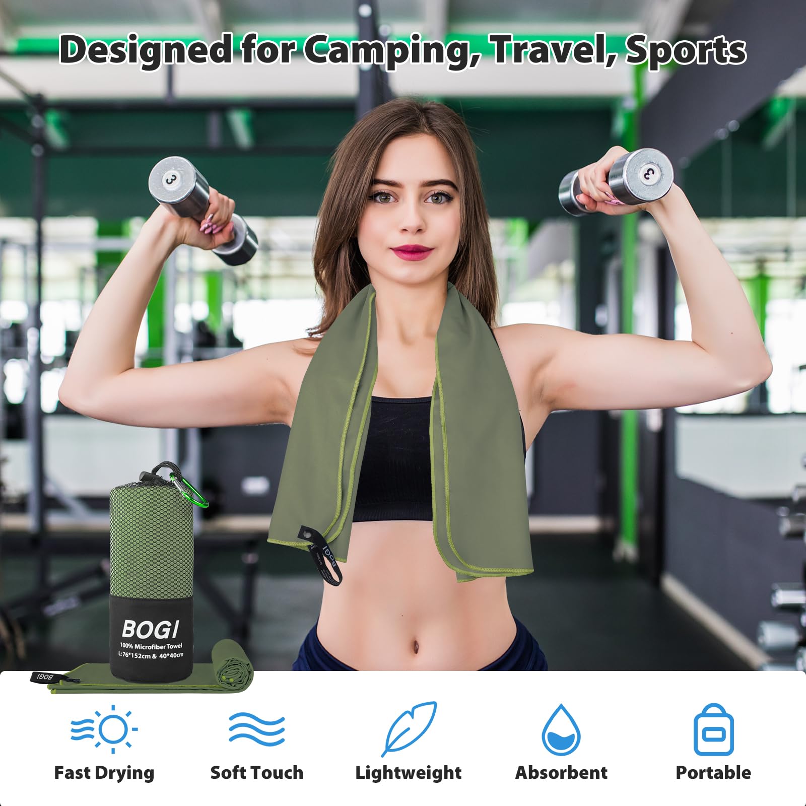 BOGI towel next to sneakers showing scale and travel convenience