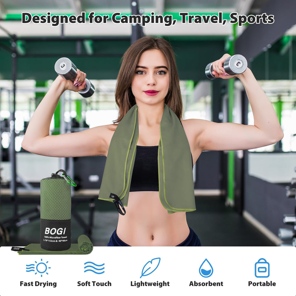 BOGI towel next to sneakers showing scale and travel convenience