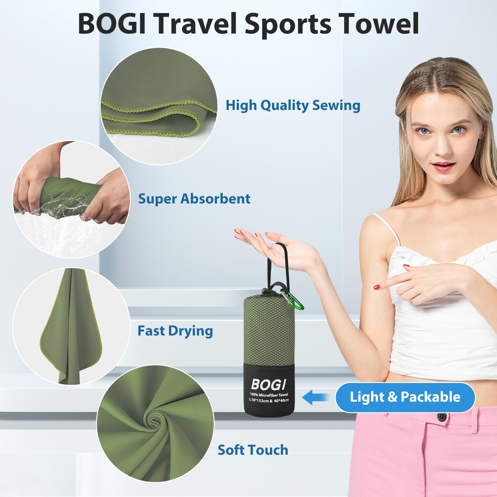BOGI towel clipped to backpack with carabiner for hands-free carry