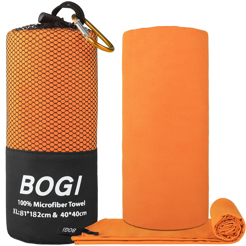 BOGI folded towel inside pouch with carabiner for compact portability