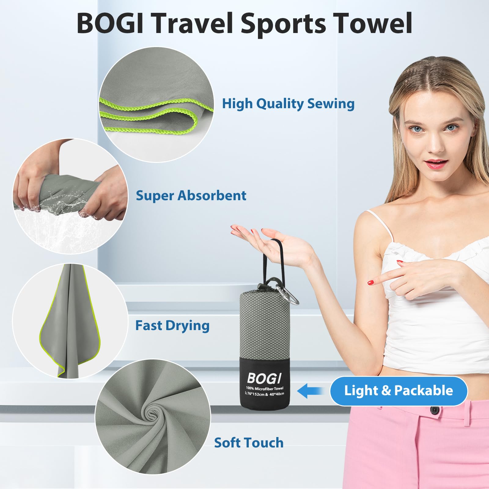 BOGI towel folded in pouch demonstrating portable storage and space saving