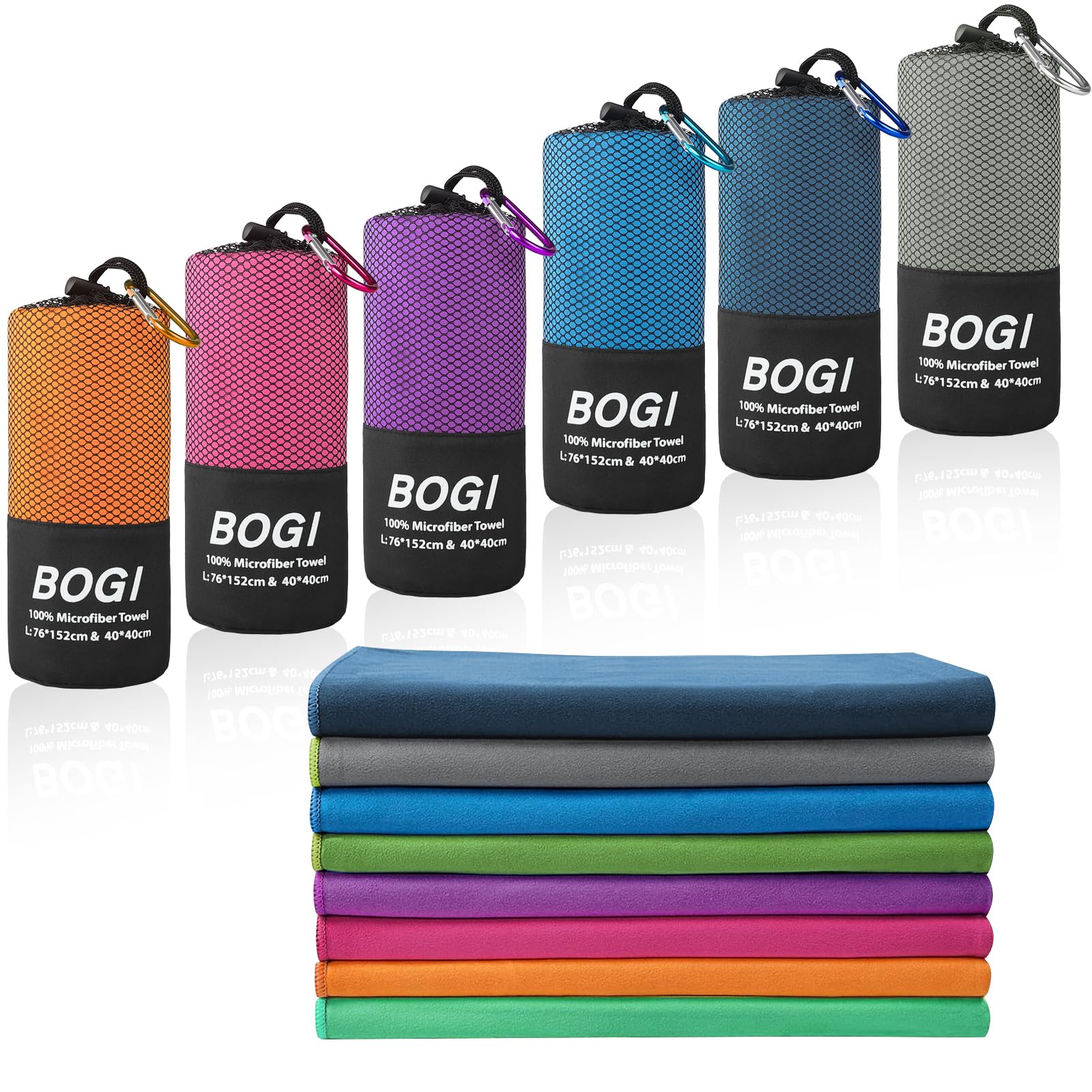 BOGI XL towel front packaging showing compact pouch and carabiner for travel benefit