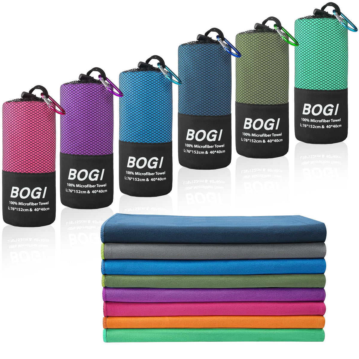 BOGI folded XL towel in pouch showing compact portability