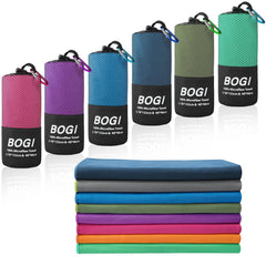 BOGI folded XL towel in pouch showing compact portability