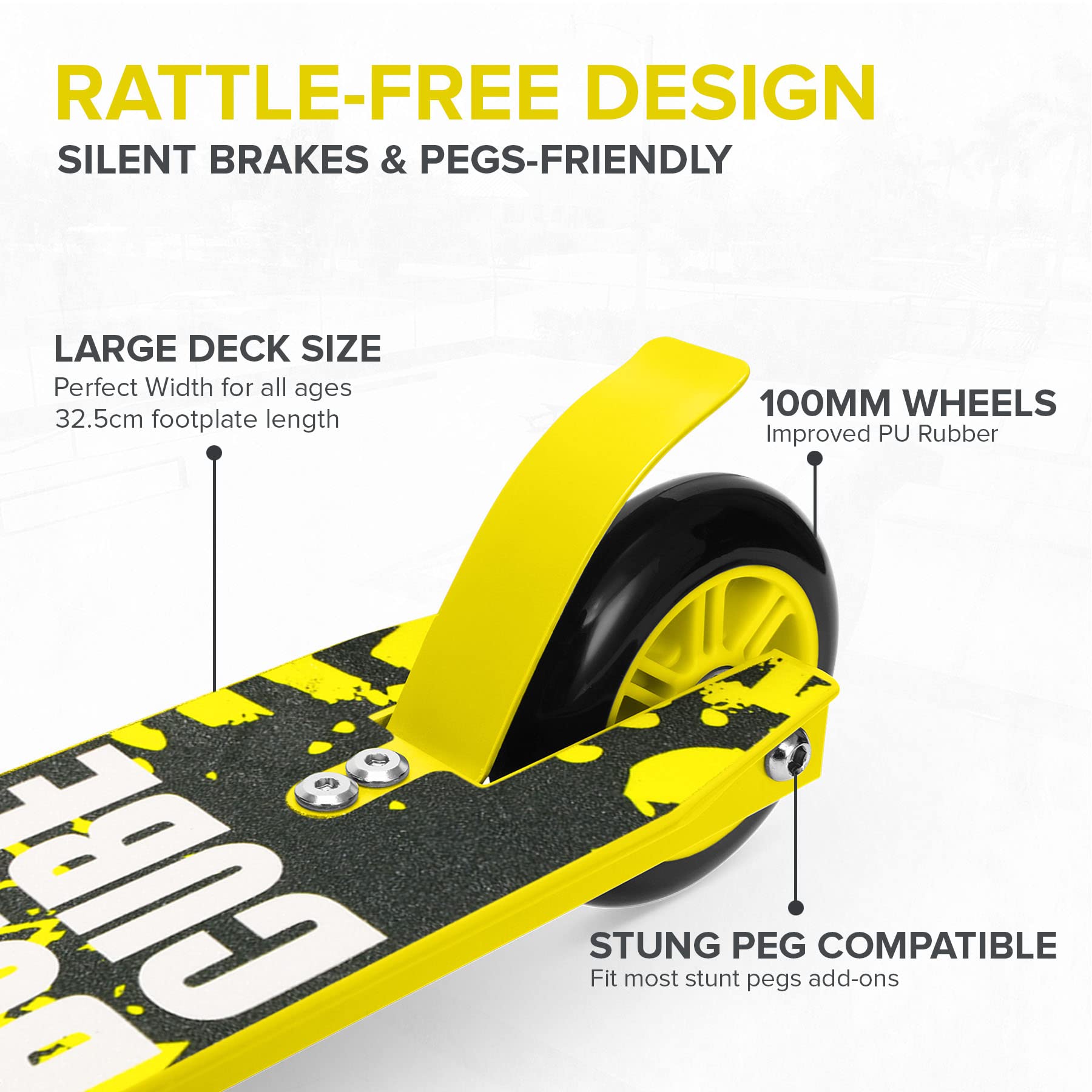 BOLDCUBE flex brake close-up showing quiet, rattle-free stopping benefit