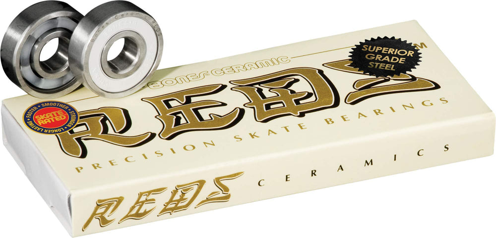 Bones Ceramic Reds front packaging showing 8 bearings and brand, highlights fast performance