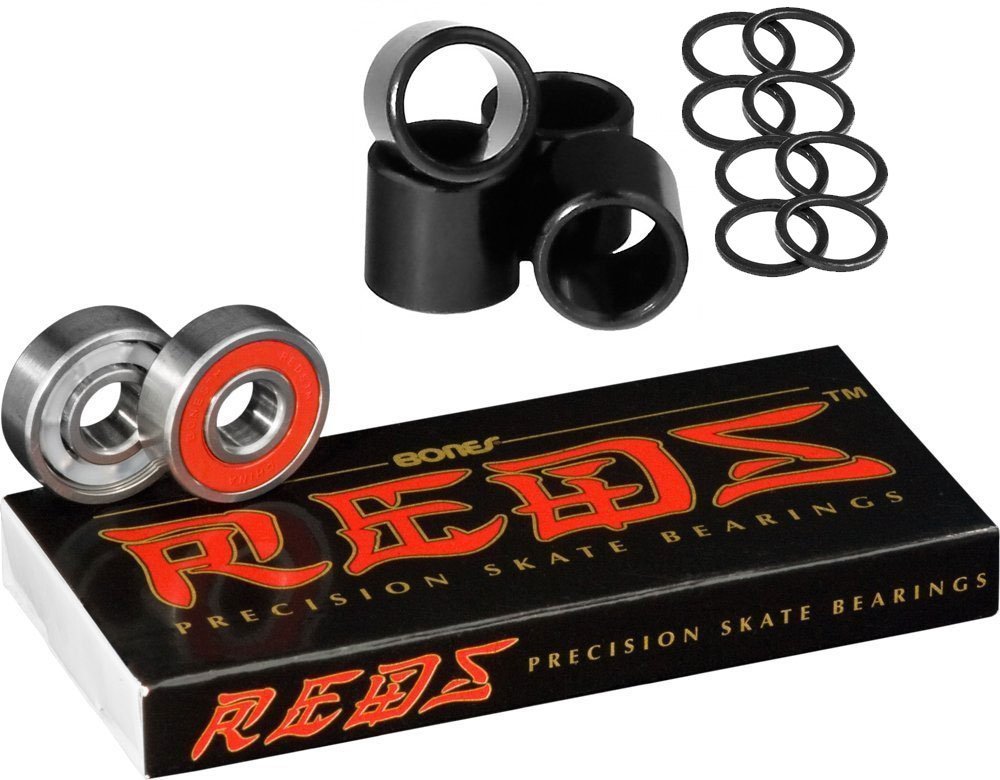 Bones Reds front packaging showing 8 bearings and included hardware for quick setup