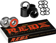 Bones Reds front packaging showing 8 bearings and included hardware for quick setup