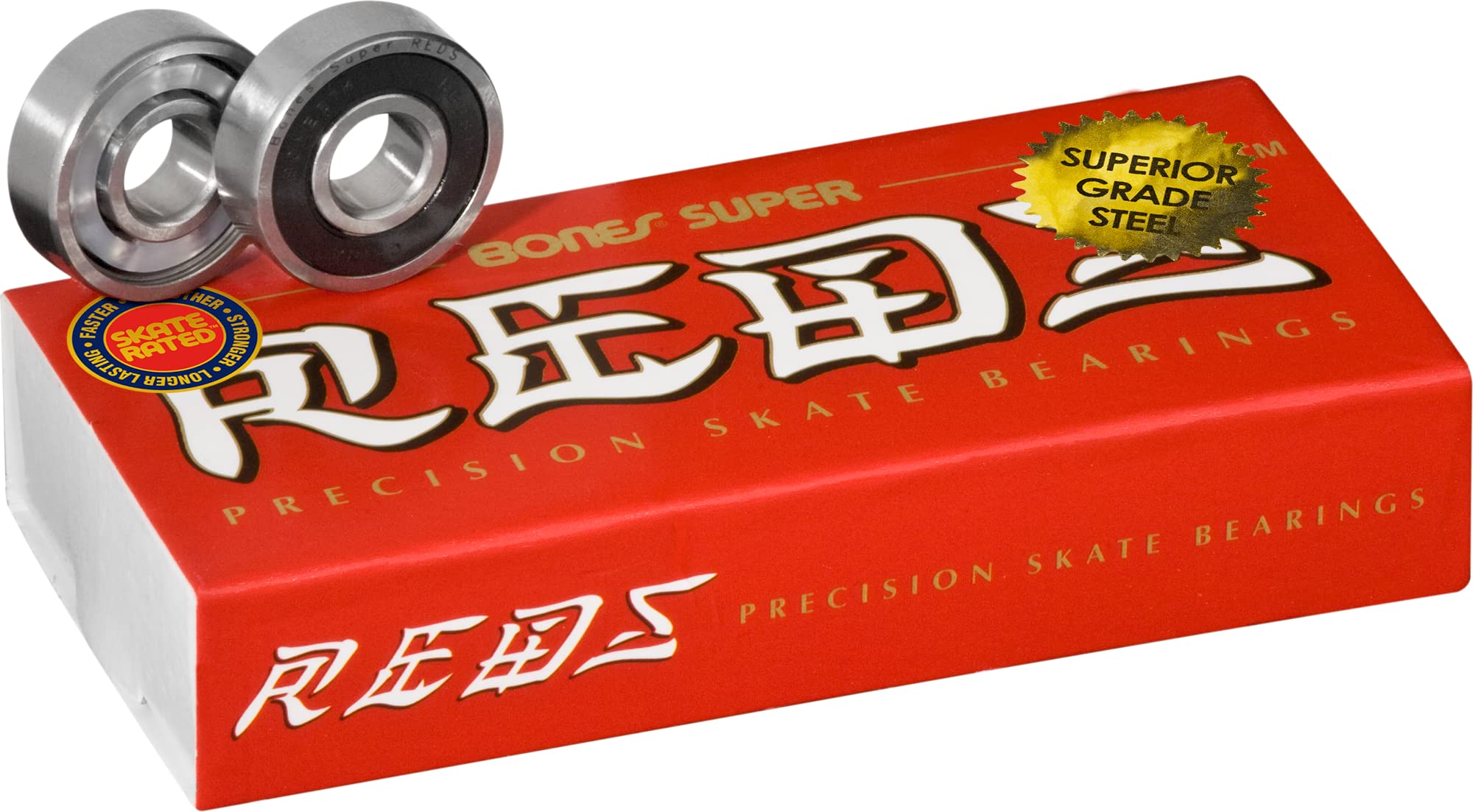 Bones Super Reds front packaging showing 16 pre-lubricated 8mm bearings and branding benefit