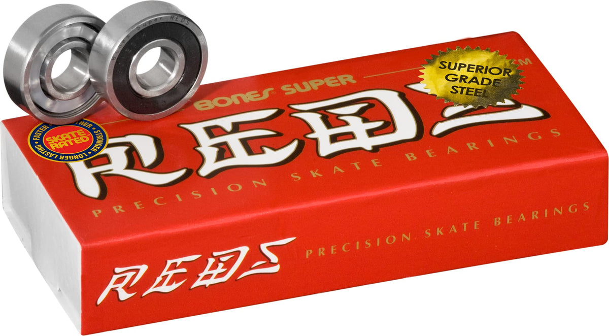Bones Super Reds front packaging showing 16 pre-lubricated 8mm bearings and branding benefit