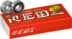 Bones Super Reds front packaging showing 16 pre-lubricated 8mm bearings and branding benefit