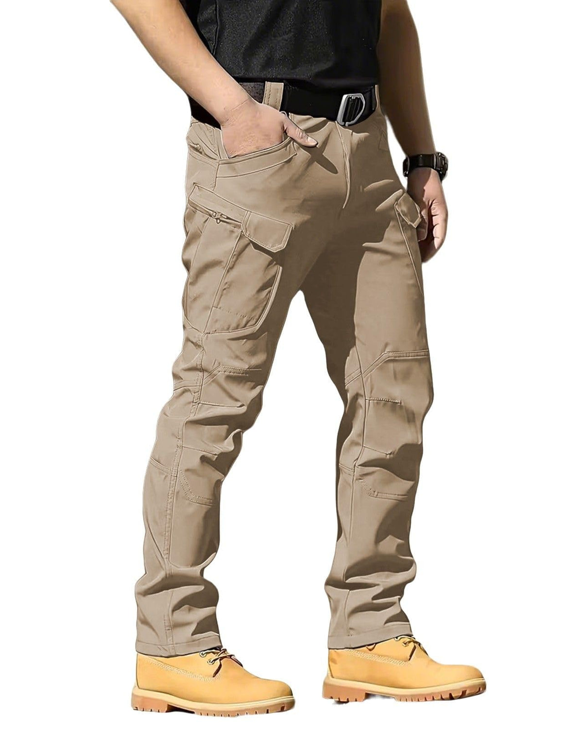 Boonlight front view of khaki tactical pants showing clean silhouette and functional pockets