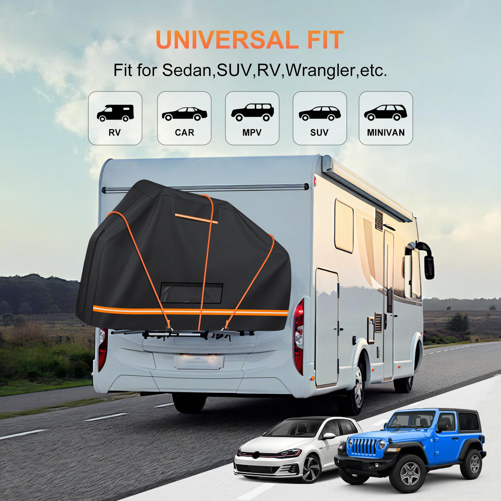 BORDAN cover on hitch rack in motion reducing road debris exposure