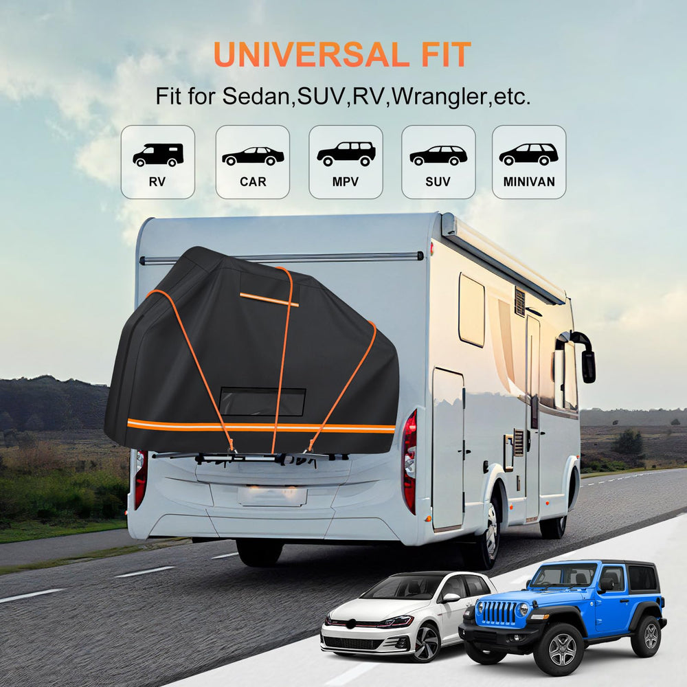 BORDAN cover on hitch rack in motion reducing road debris exposure