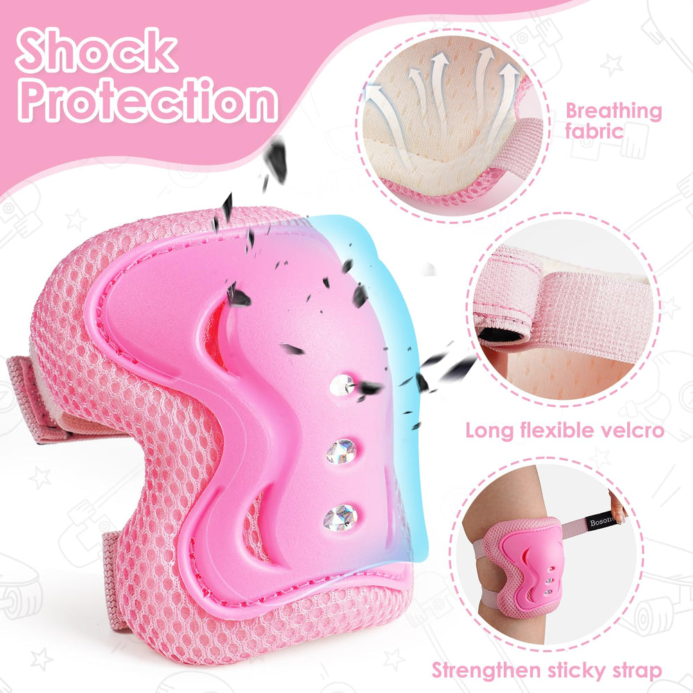 BOSONER pads on child for scale demonstrating size S fit and easy strap adjustment