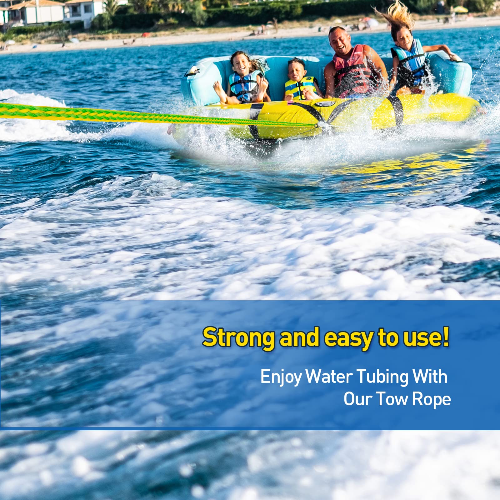 Botepon tow rope in use behind a boat pulling a single-person tube for smooth rides