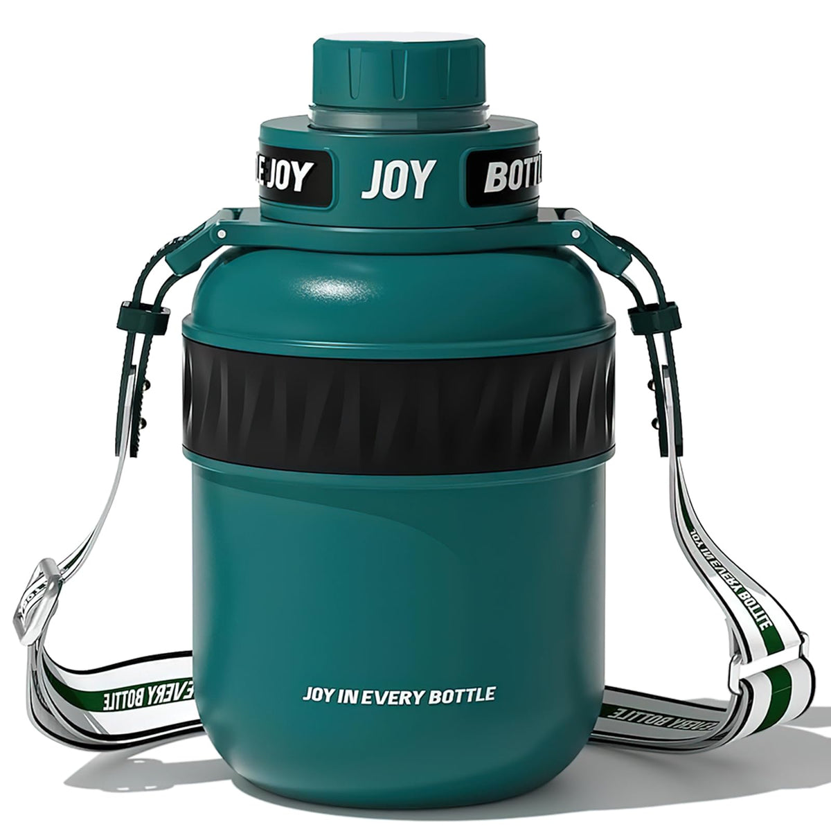 BOTTLE JOY forest front view shows sleek bottle and strap benefit: stylish portability