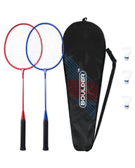 Boulder full set front view showing rackets birdies and case for quick play