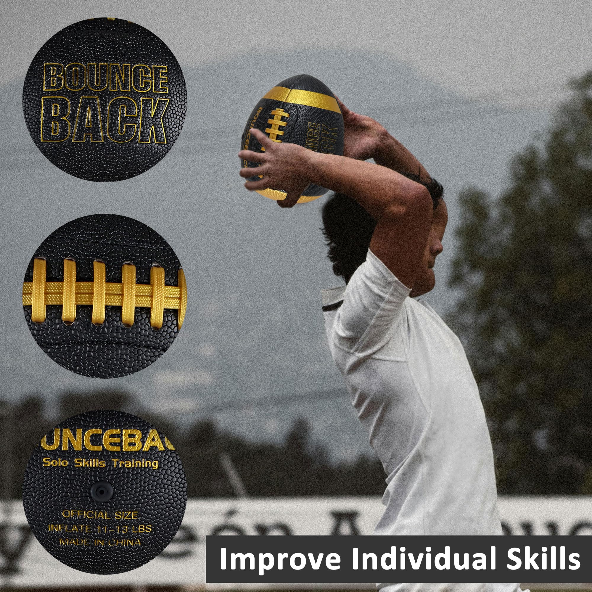 BOUNCEBACK size comparison in hands illustrating official-scale feel for accurate practice
