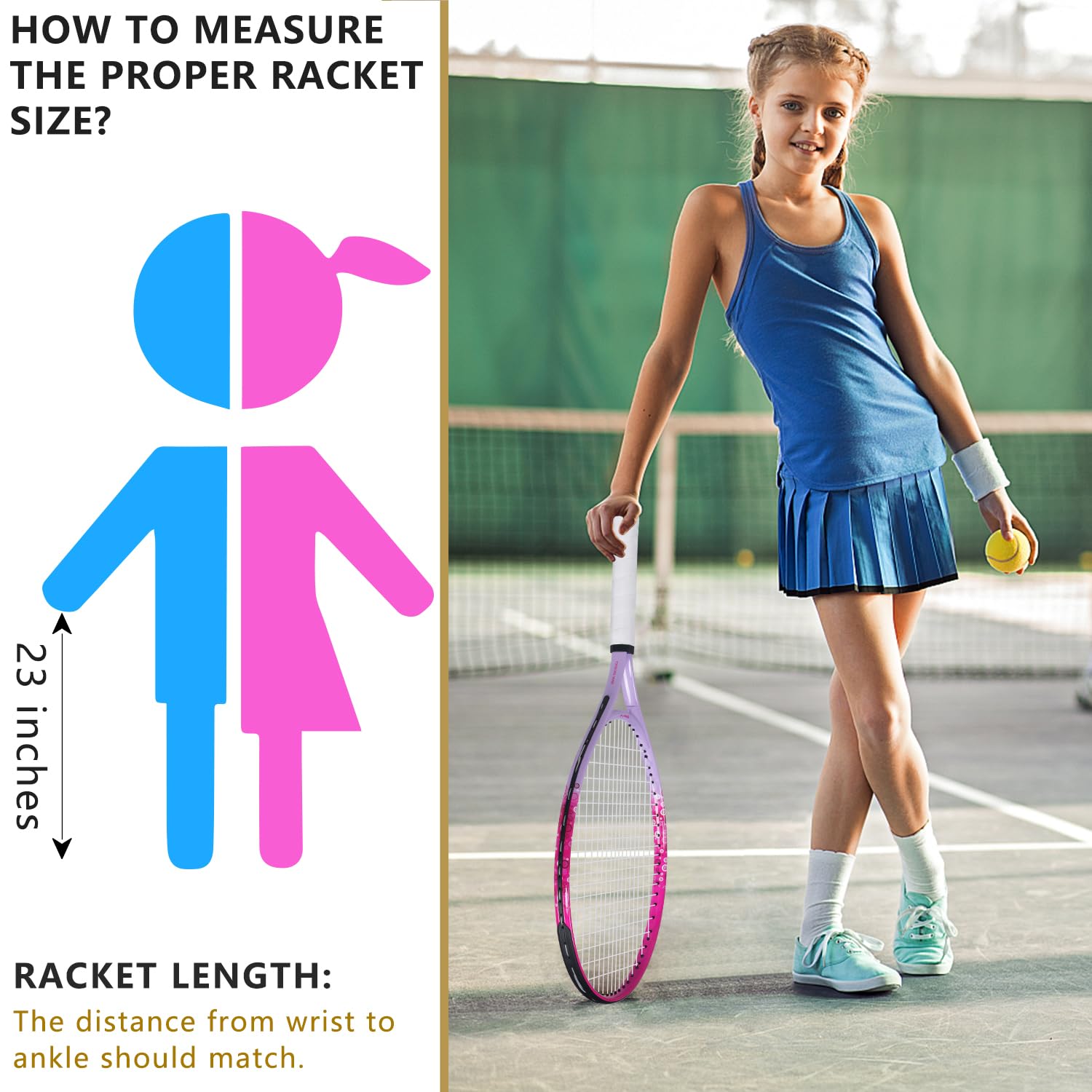 bo'weiqi racket next to child to illustrate 23-inch size and appropriate fit