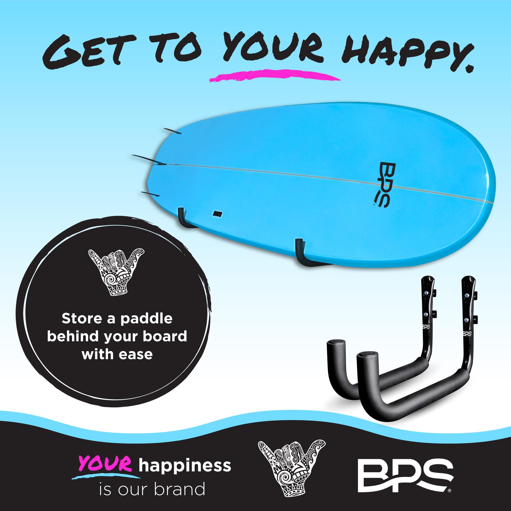 BPS side profile showing large rack supporting longboard evenly and preventing sagging