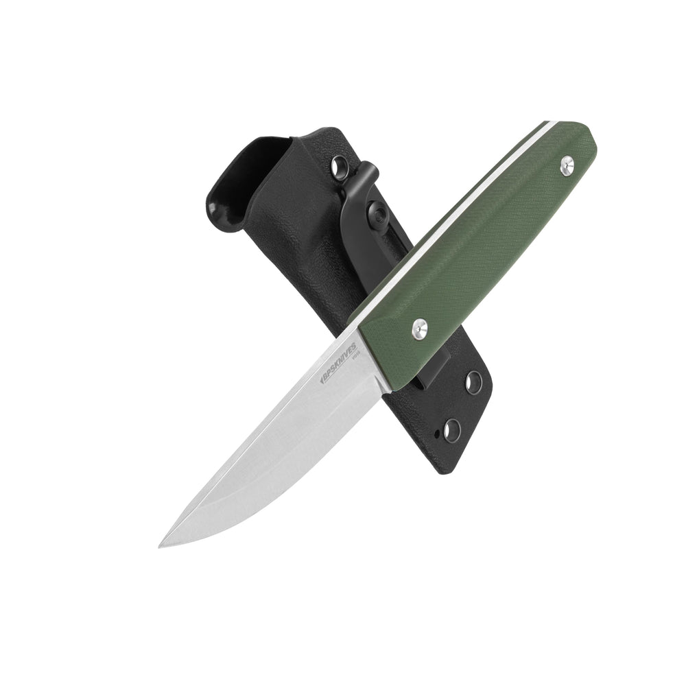 BPSKNIVES Aurora front view showing full knife and sheath, clear design benefit
