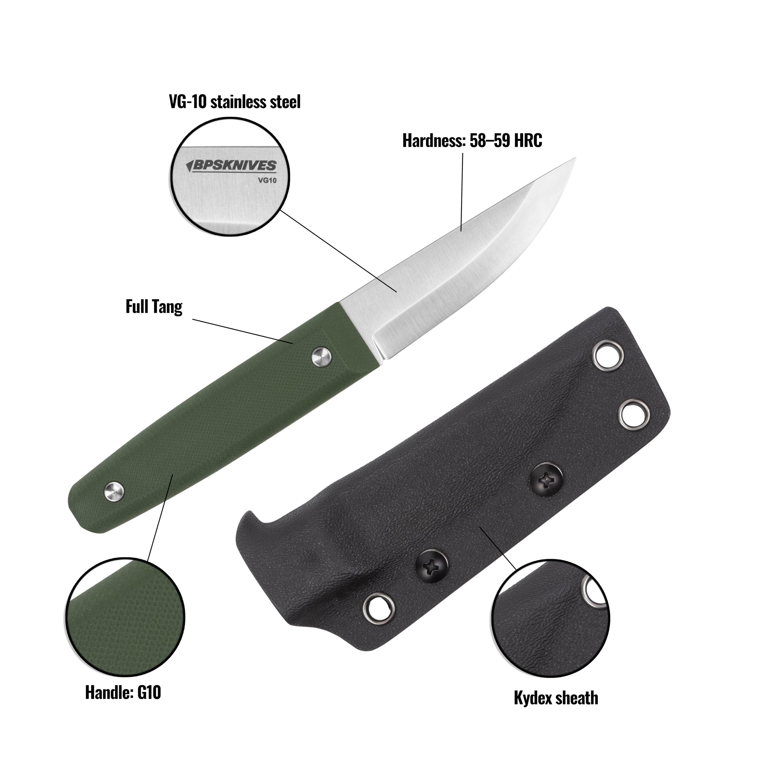 BPSKNIVES handle detail on G10 scales, highlights grip and comfort benefit