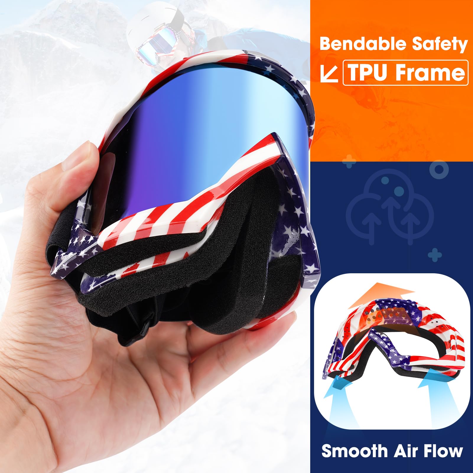 Braylin goggles next to a hand for size comparison showing lightweight portability