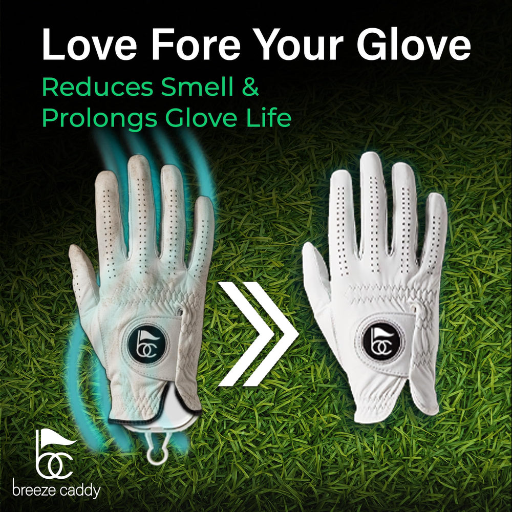Breeze Caddy drying a golf glove inside opening for faster moisture removal