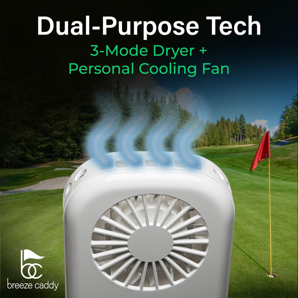 Breeze Caddy clipped in golf cart cup holder keeping golfer cool and comfortable