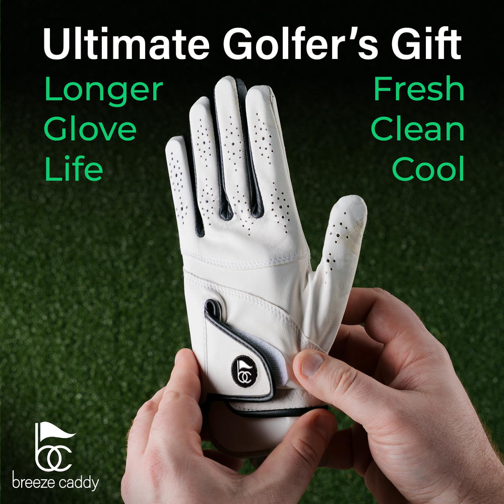 Breeze Caddy next to golf glove demonstrating compact size and portable benefit