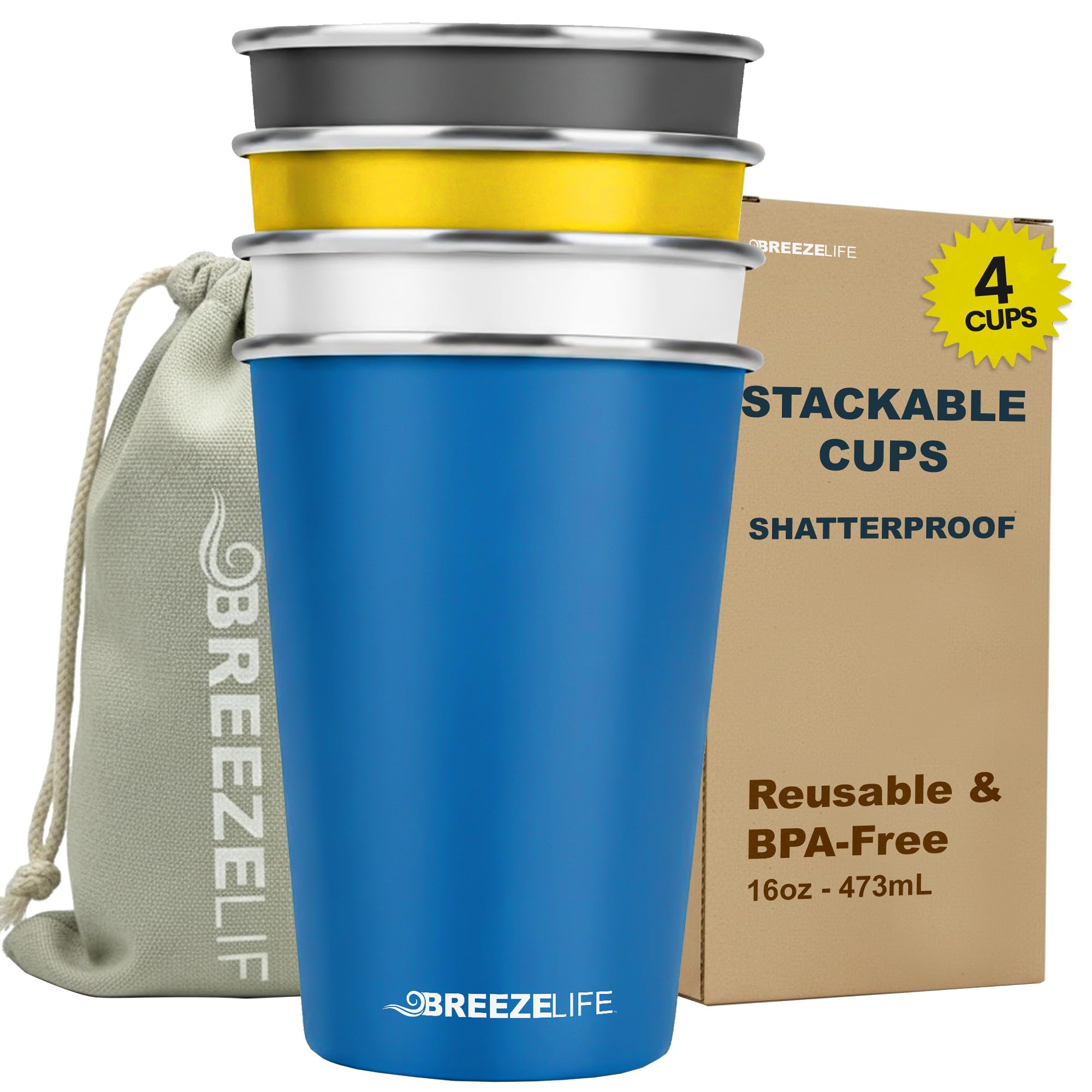 Breeze Life front view of four colorful tumblers showing durable finish and compact set