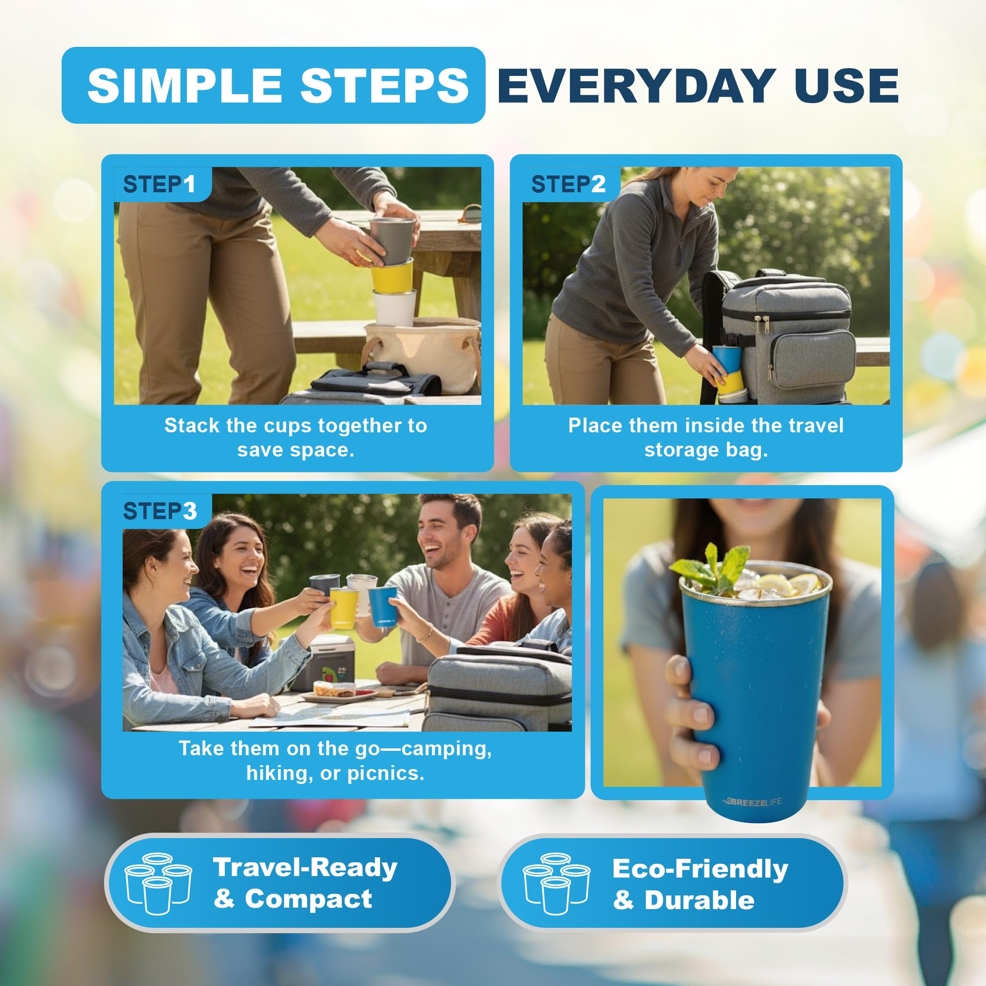 Breeze Life tumblers in use at a campsite illustrating shatterproof outdoor convenience