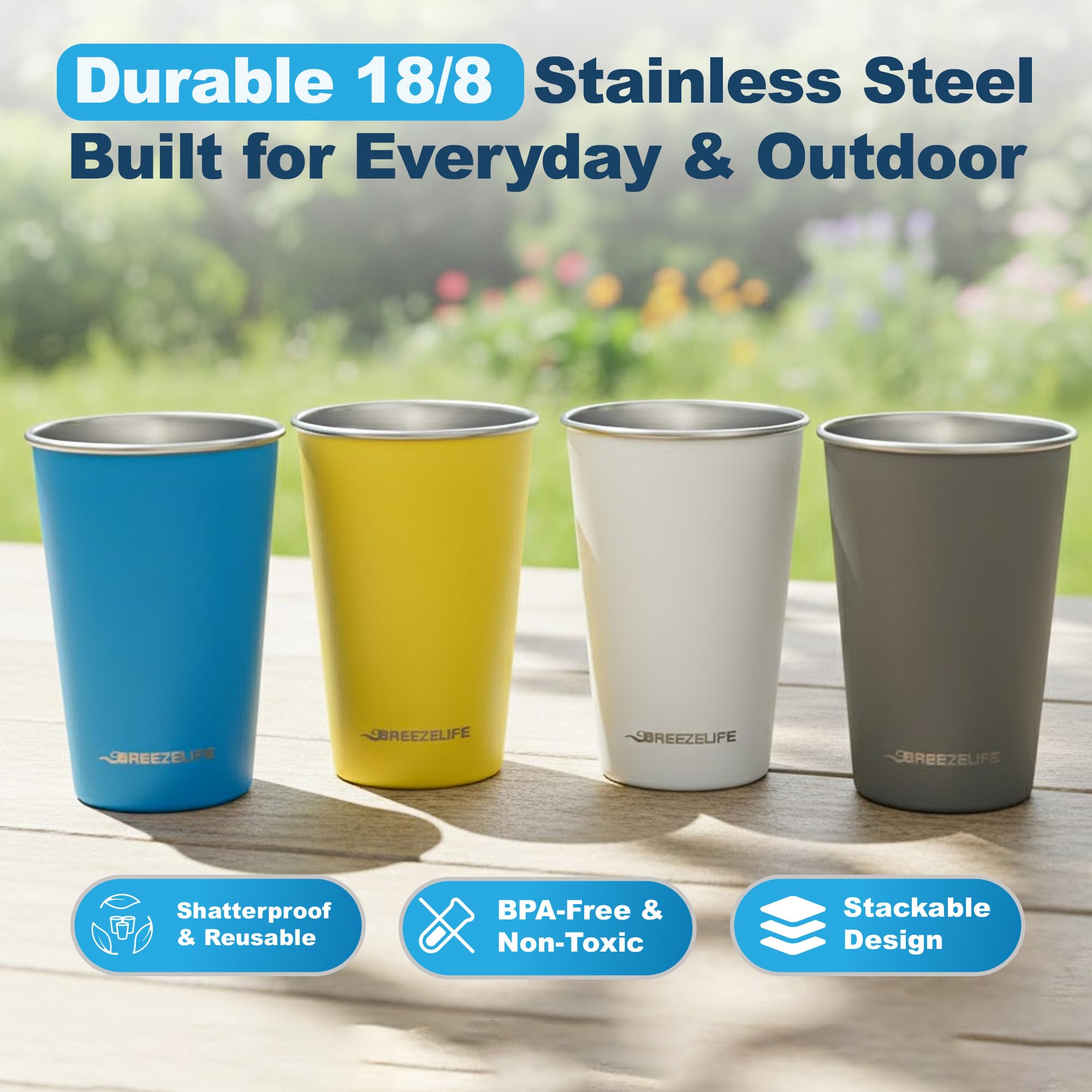 Breeze Life stacked tumblers demonstrating space-saving nestable design and portability