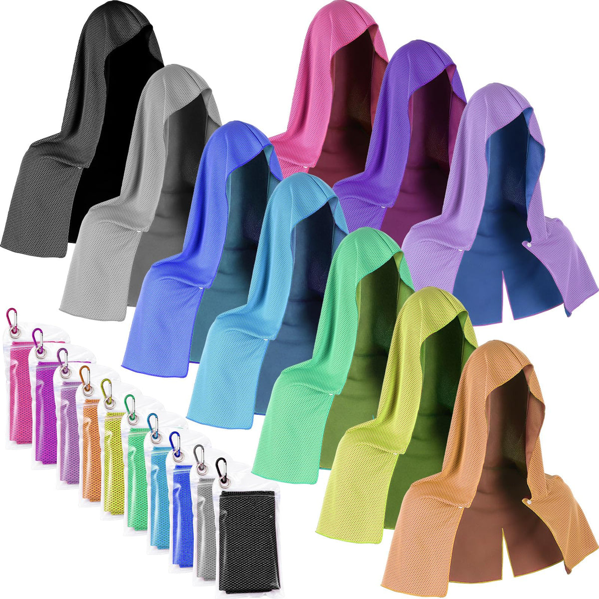 Breling front pack of ten cooling hoodie towels shows multicolor set and compact storage benefits