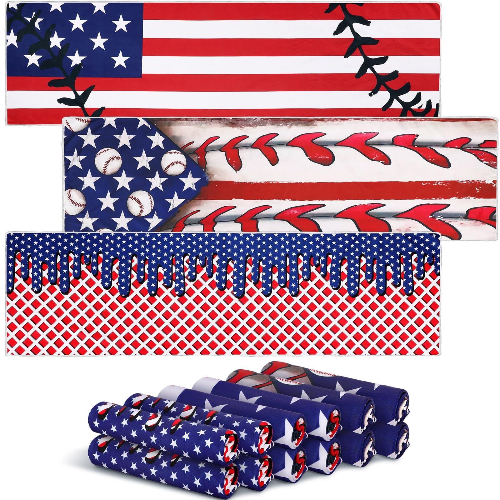Breling front view of 12-pack patriotic towels shows team-ready set and convenience