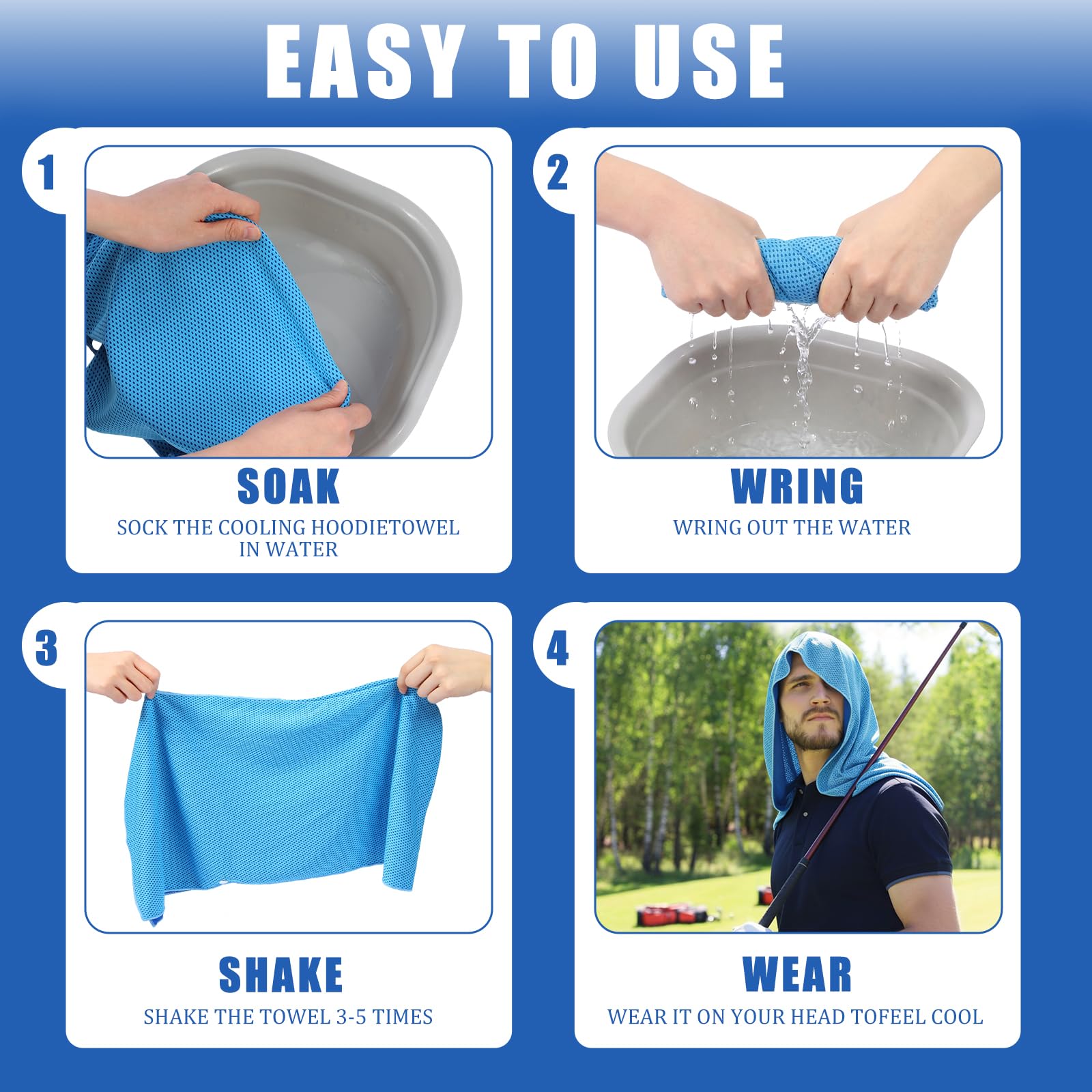 Breling towel worn as hood and neck wrap demonstrating sun protection and cooling benefit