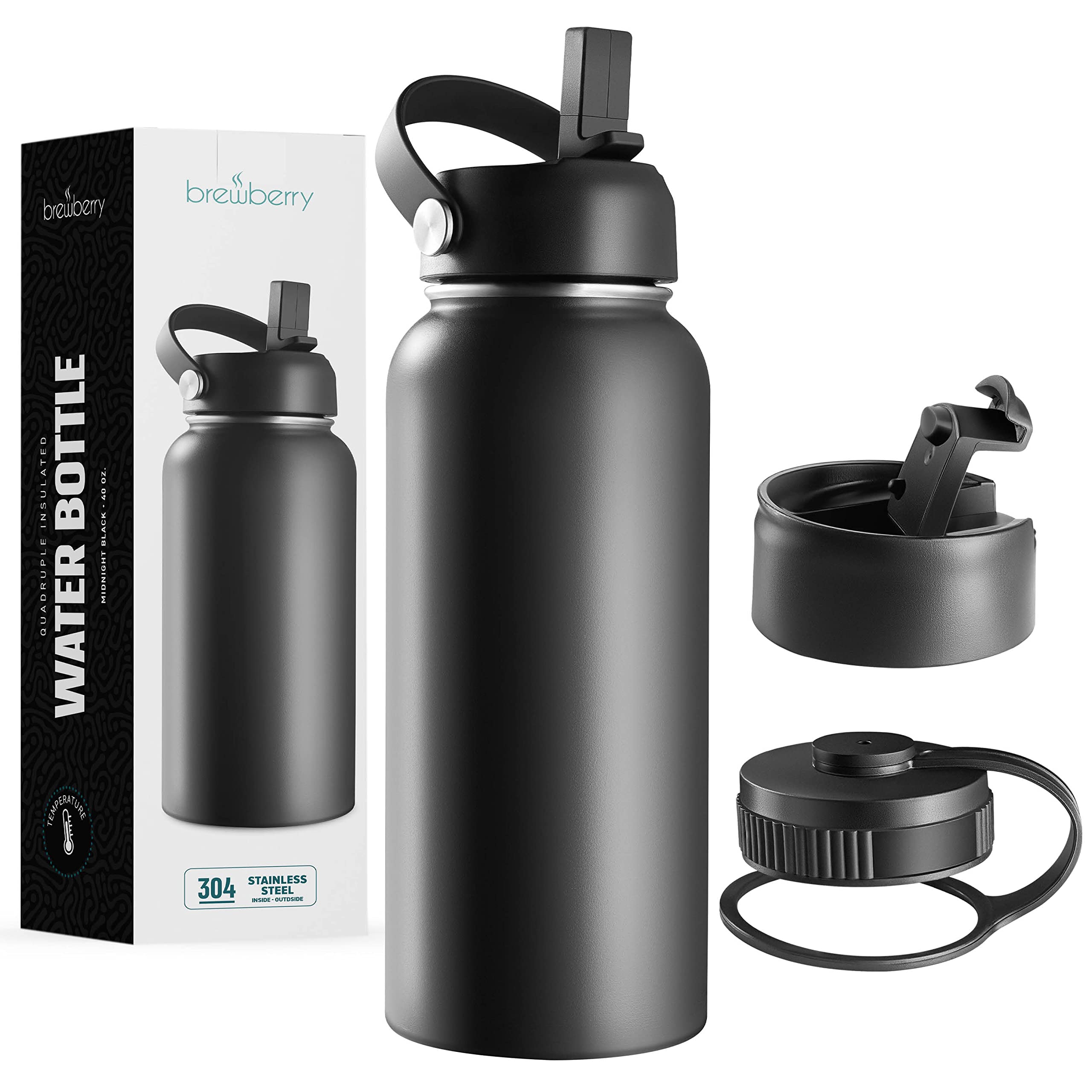 Brewberry front view showing 40 oz bottle and label, durable travel hydration