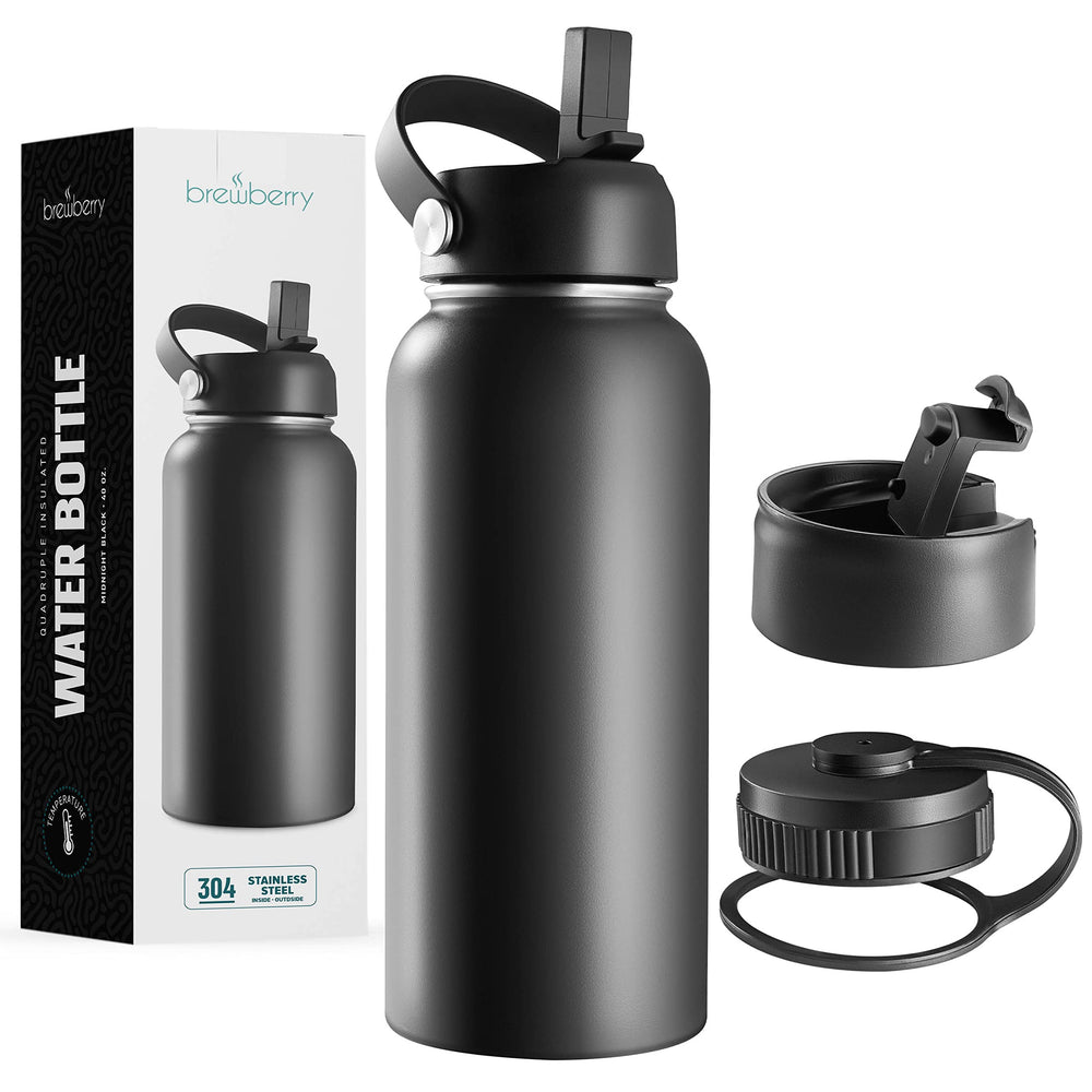 Brewberry front view showing 40 oz bottle and label, durable travel hydration